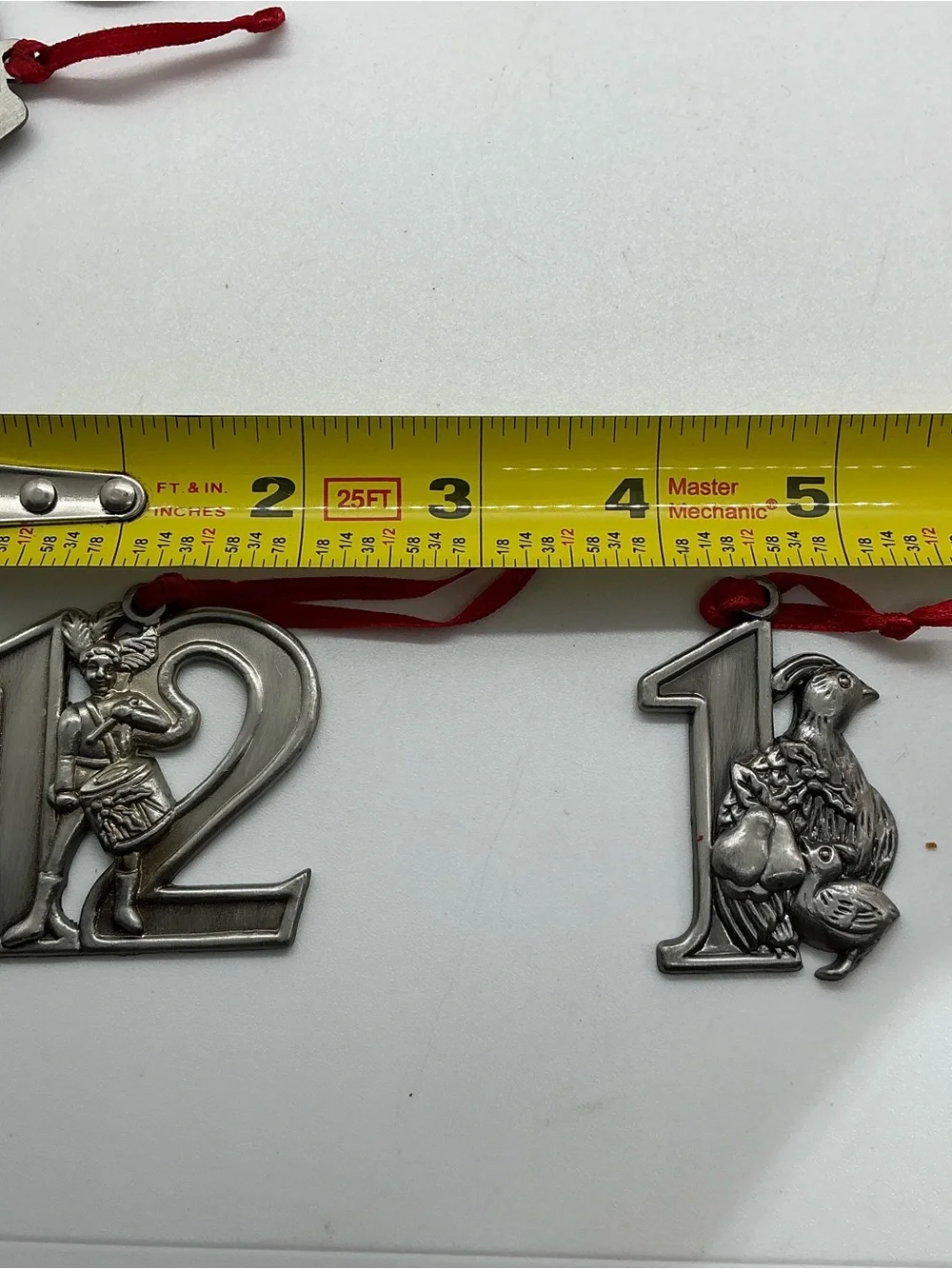 Set of 12 Days of Christmas Metal Pewter Number Hanging Ornaments Silver Color